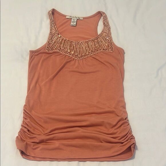 American Rag size small Embellished peach tank top with sheer beaded trim EUC - Picture 3 of 10